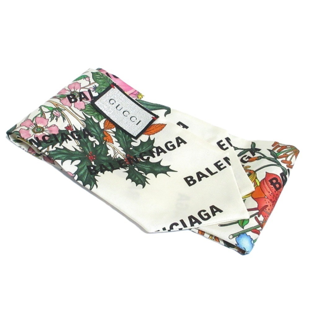 GUCCI BALENCIAGA The Hacker Floral Print Scarf Muffler Neck Bow White Multico...